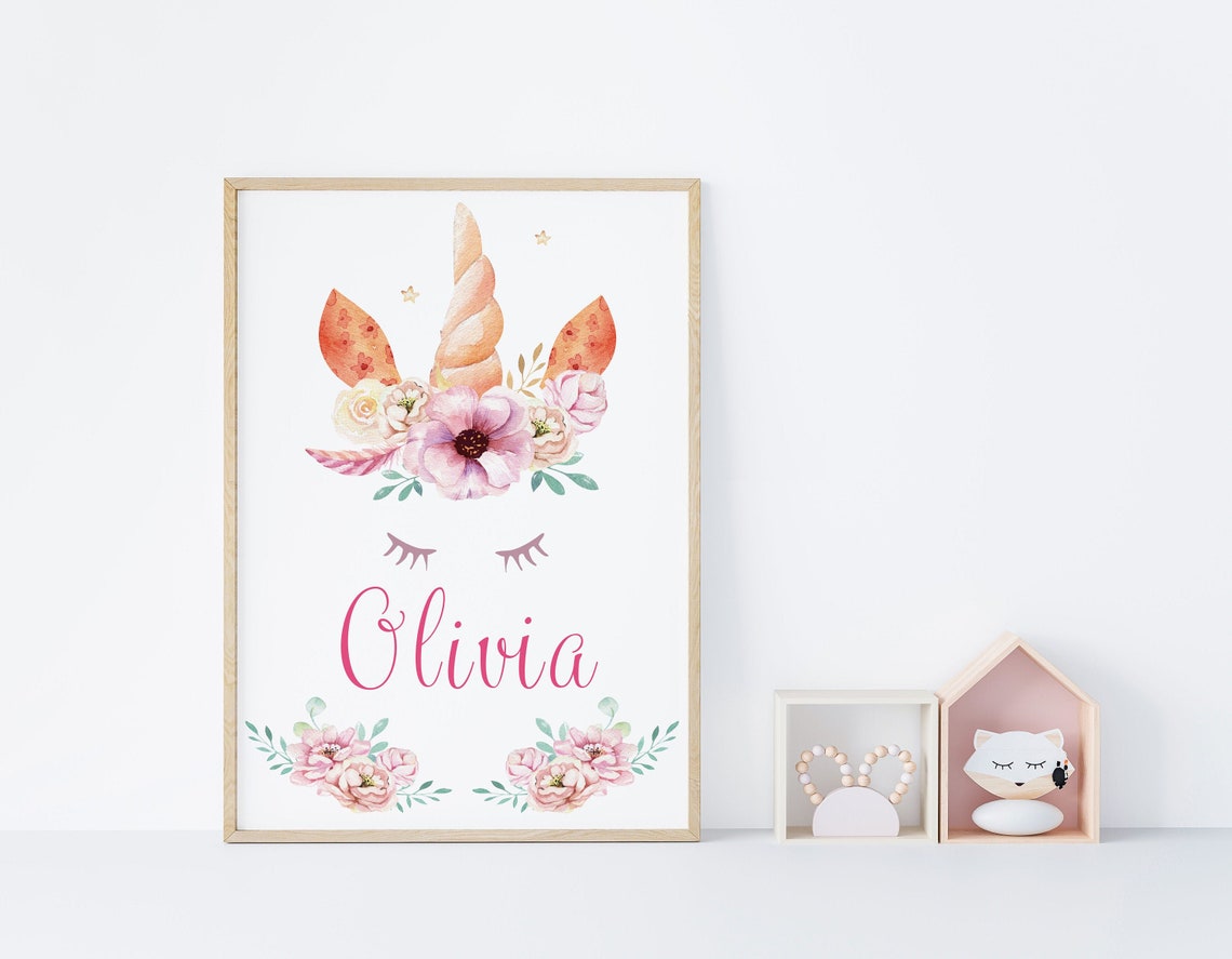 Personalised Olivia Pink Unicorn Flower Crown Nursery Wall Art