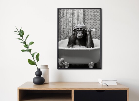 Monkey In Bathtub Funny Black And White Bathroom Humor Poster