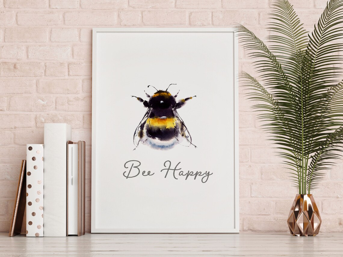 Bee Happy Bumble Bee Inspirational Quote Art Print