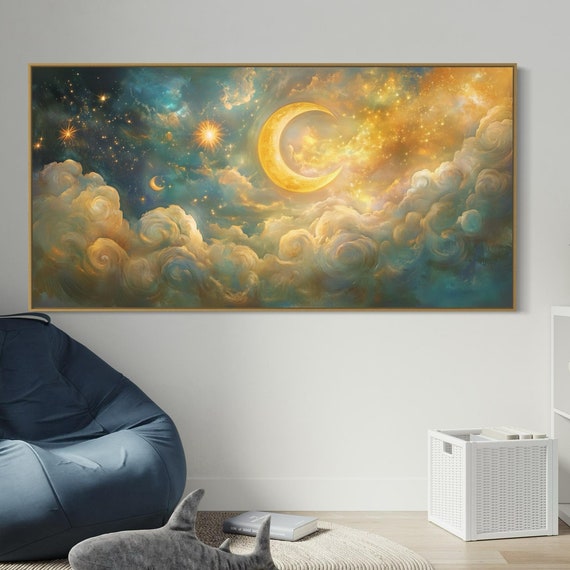 Dreamy Celestial Wall Art Starry Night With Crescent Moon Golden Stars And Clouds Mystical Sky Print For Cosmic Inspired Decor