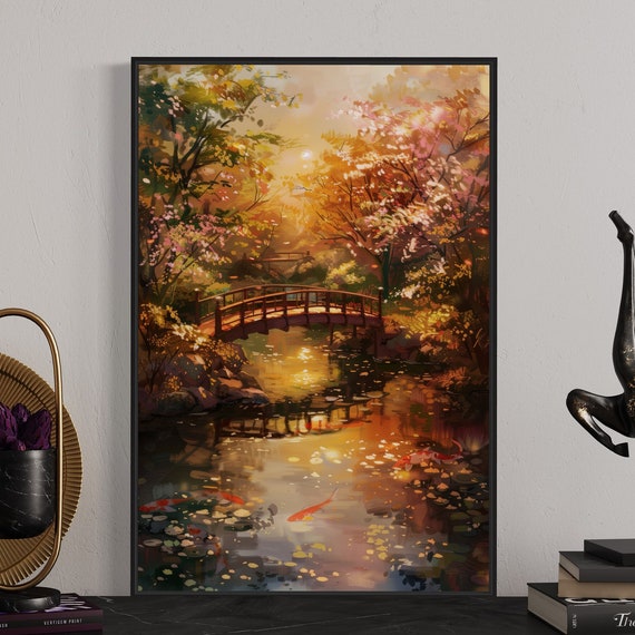 Japanese Zen Garden Art Relaxing Koi Pond Print With Wooden Bridge Autumnal Home Decor Perfect Japanese Art For Home Decore