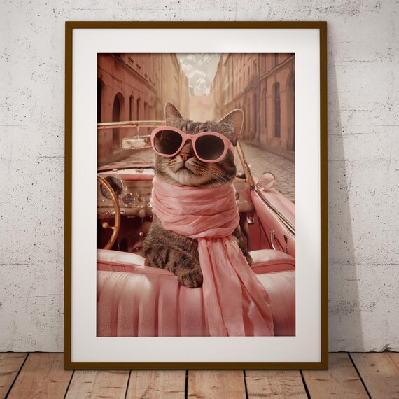 Retro Pink Convertible Cat With Sunglasses Glamorous Funny Cat Poster