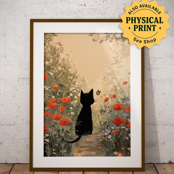 Black Cat Silhouette In Poppy Meadow Watching Butterfly Art Poster