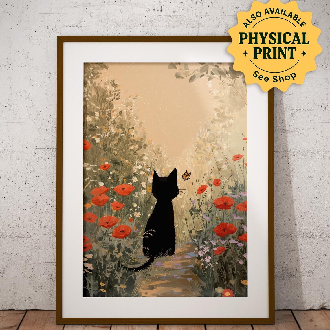 Black Cat Silhouette In Poppy Meadow Watching Butterfly Art Poster