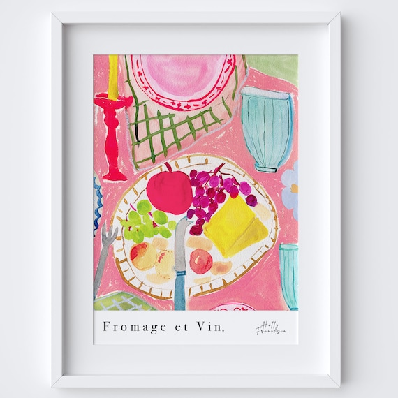 Cheese Wine Art Print, Watercolour Kitchen Decor