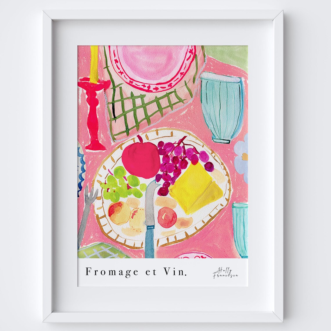 Cheese Wine Art Print, Watercolour Kitchen Decor