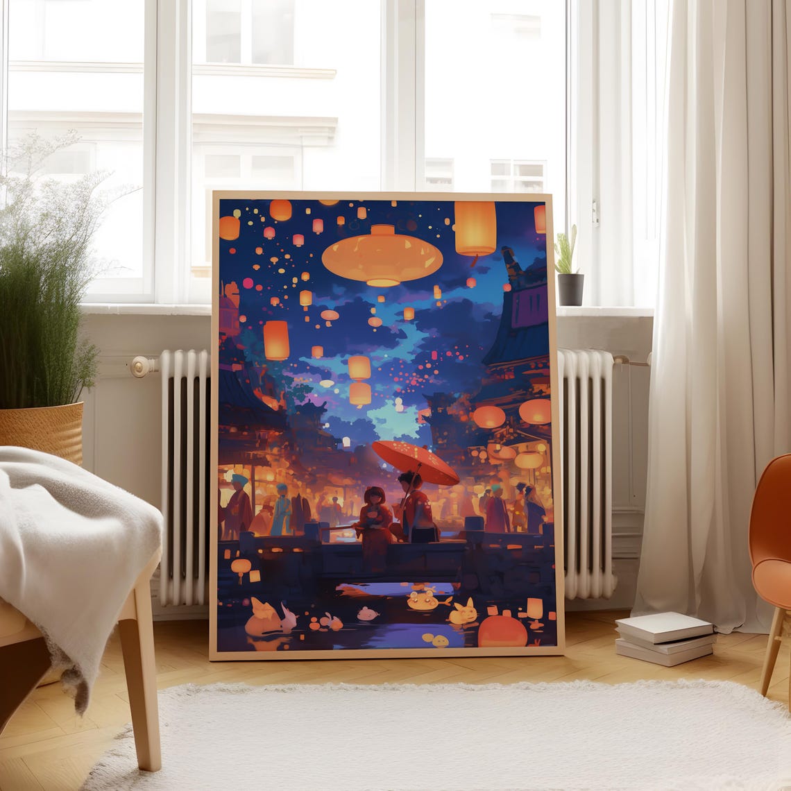 Anime Night Festival Poster Japanese Lanterns Scene Wall Art Asian Culture Decor Gift For Anime Lovers Traditional Festival Art For Home - Image 4