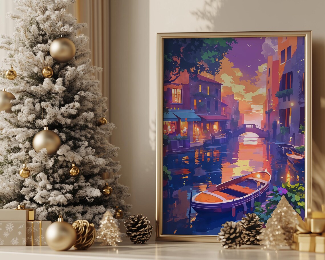 Canal Sunset Wooden Boat Glowing Waterfront Dreamy Evening Art Poster - Image 3