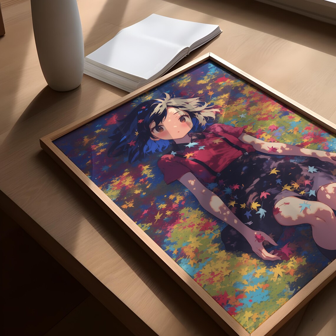 Happy Anime Girl Lying Smiling in Colorful Falling Leaves Poster - Image 3