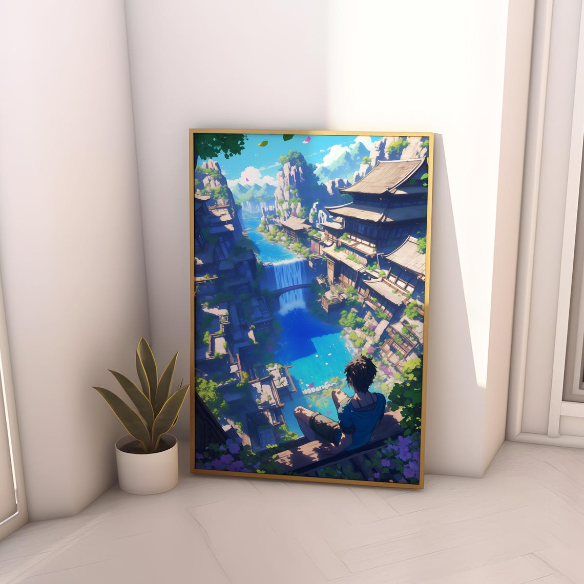 Anime Boy Overlooking Fantasy Cliff Village Waterfall Poster - Image 2
