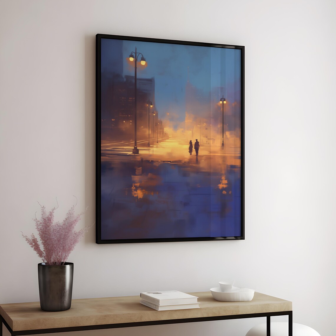 Romantic Couple Silhouette Golden Dusk Foggy Evening Street Poster - Image 4