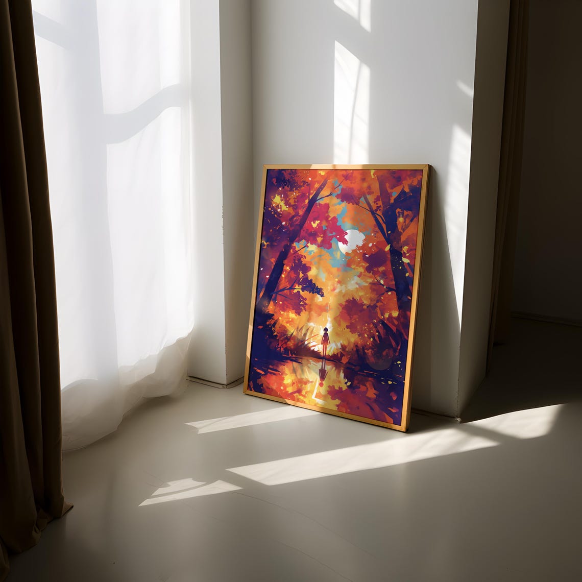 Small Figure Under Autumn Trees Beside Glowing Moonlit Water Poster - Image 3
