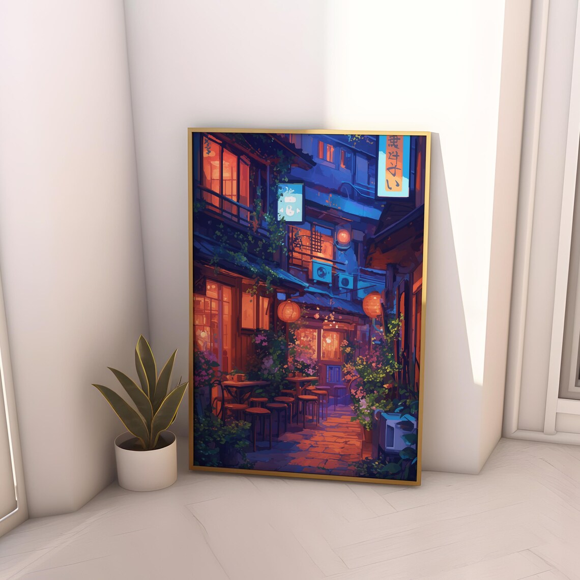 Cozy Japanese Alley Cafe at Night With Lanterns Anime Poster - Image 4