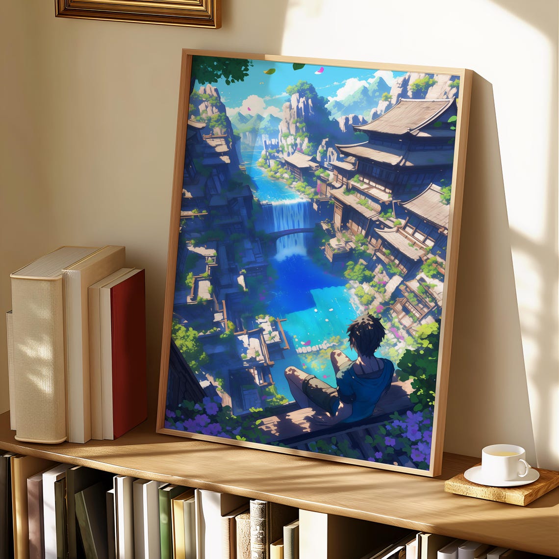 Anime Boy Overlooking Fantasy Cliff Village Waterfall Poster - Image 4