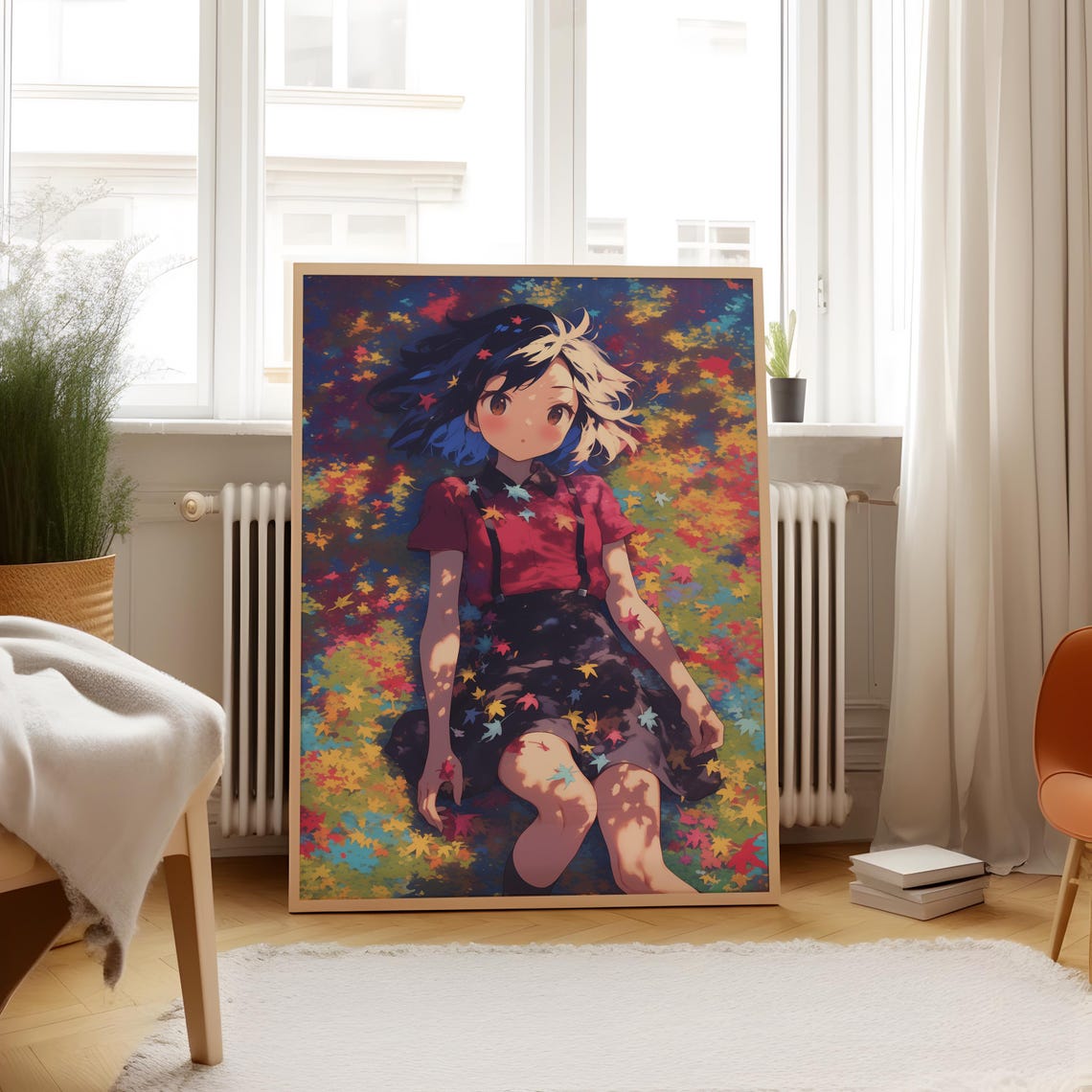 Happy Anime Girl Lying Smiling in Colorful Falling Leaves Poster - Image 4
