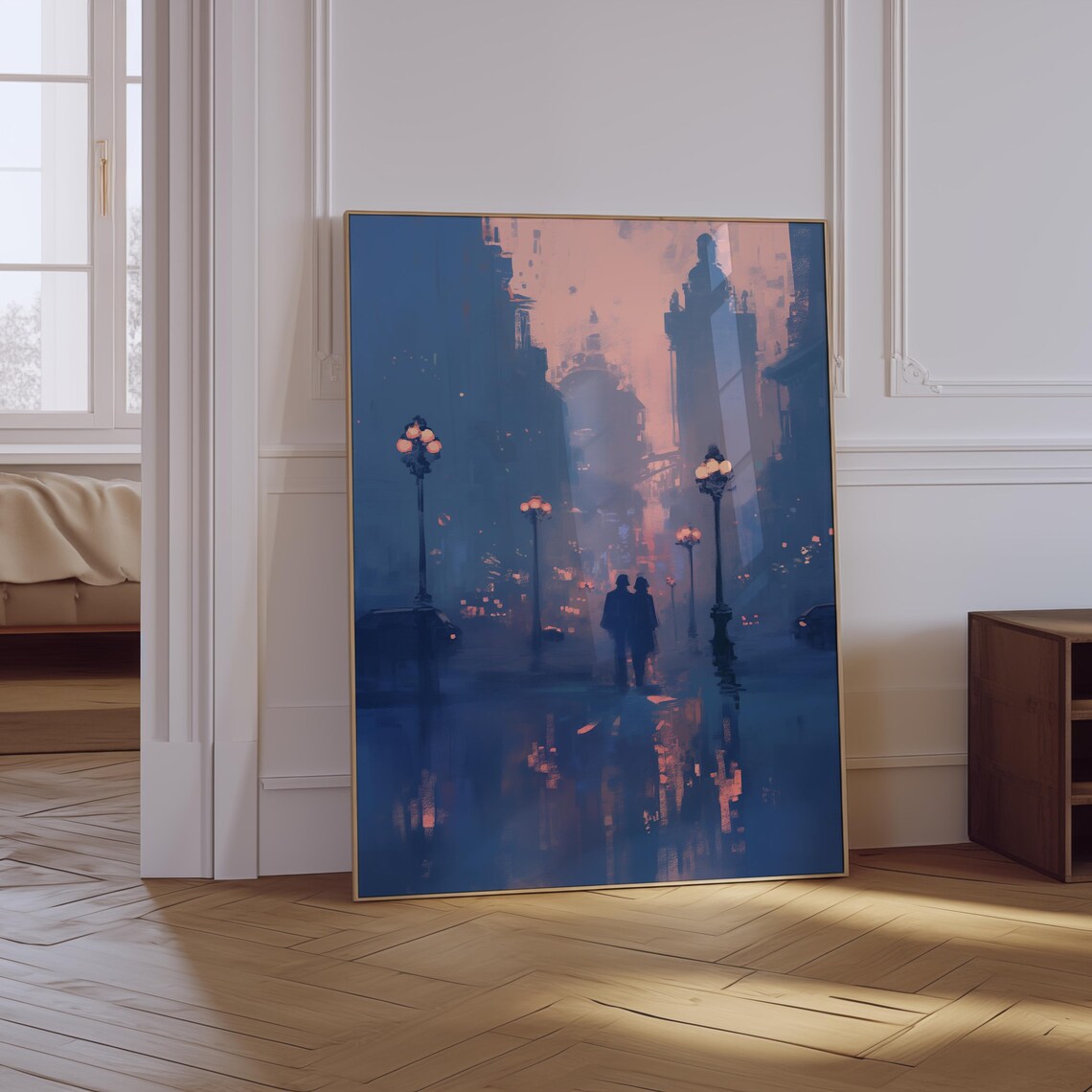 Romantic Couple Silhouette Foggy Blue Lamplit Night Street Poster - Image 2