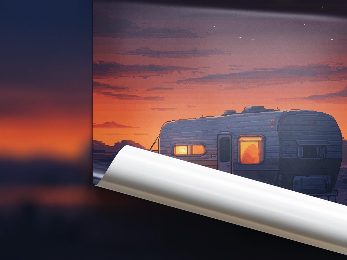 Desert Sunset Camper Van Pixel Art Poster Tranquil Night Sky Camping Scene Vintage Rv Art Travel And Adventure Wall Decor - Image 3