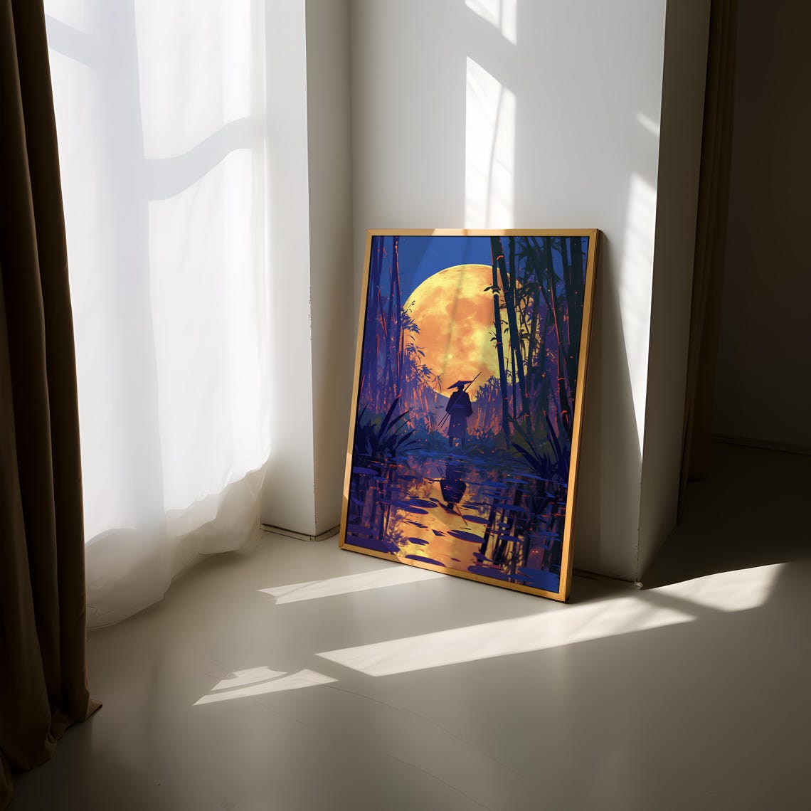 Anime Samurai Bamboo Forest Giant Moon Night Reflection Poster - Image 3