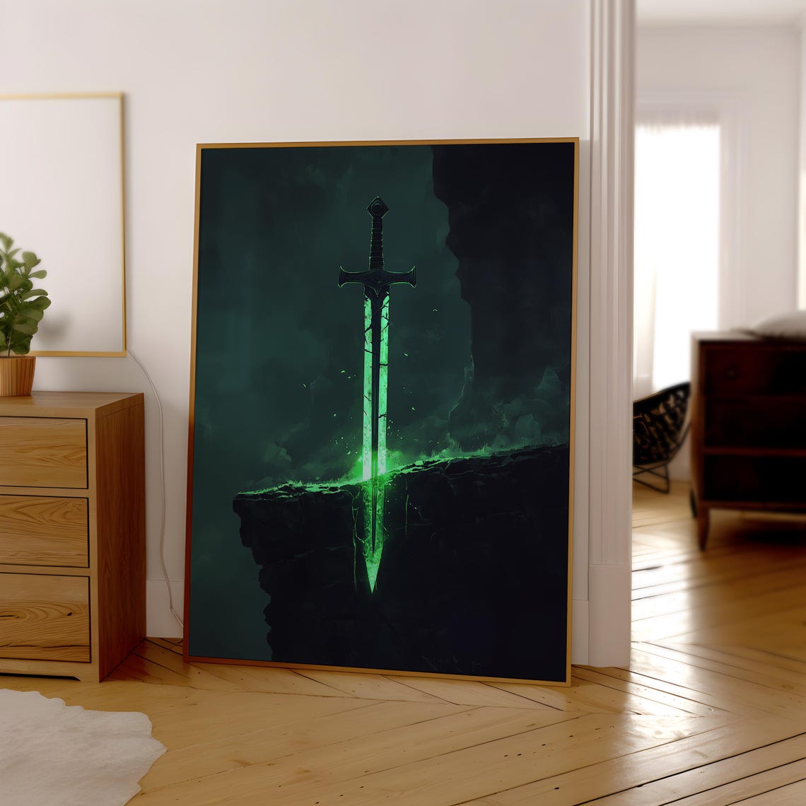 Fantasy Glowing Green Sword Dark Cliff Magic Ancient Blade Art Poster - Image 3