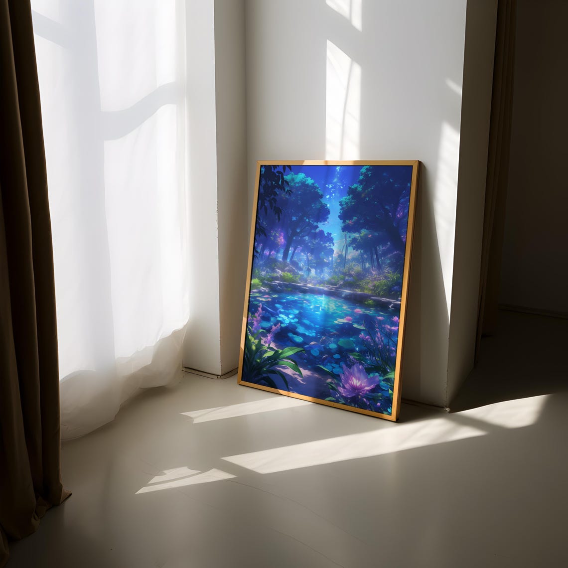 Mystical Glowing Blue Forest Pond at Night With Lily Flowers Poster - Image 3