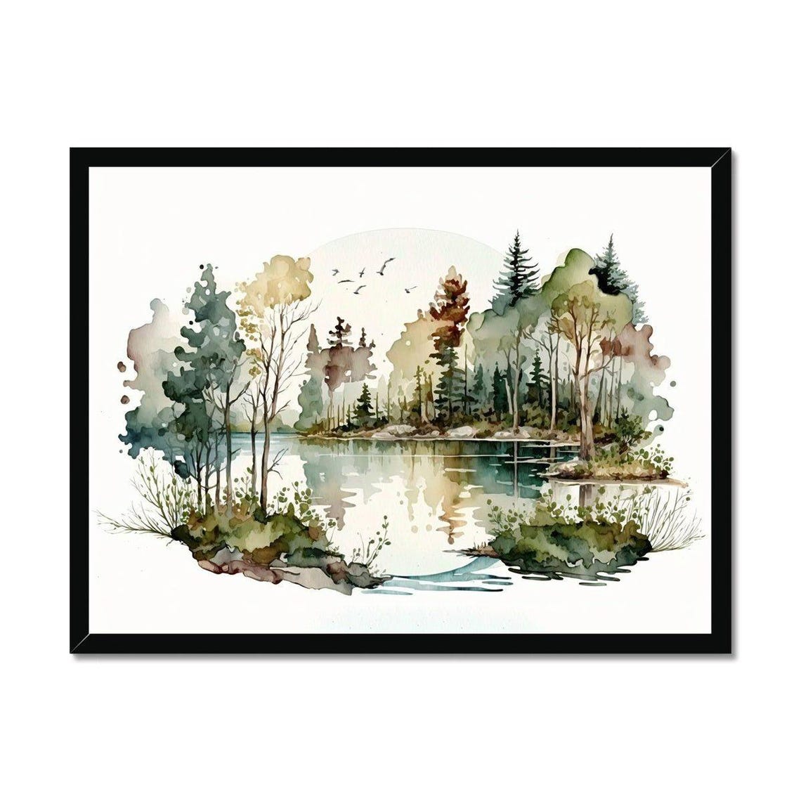 Tranquil Lake Forest Watercolor Calm Woodland Scenery Poster