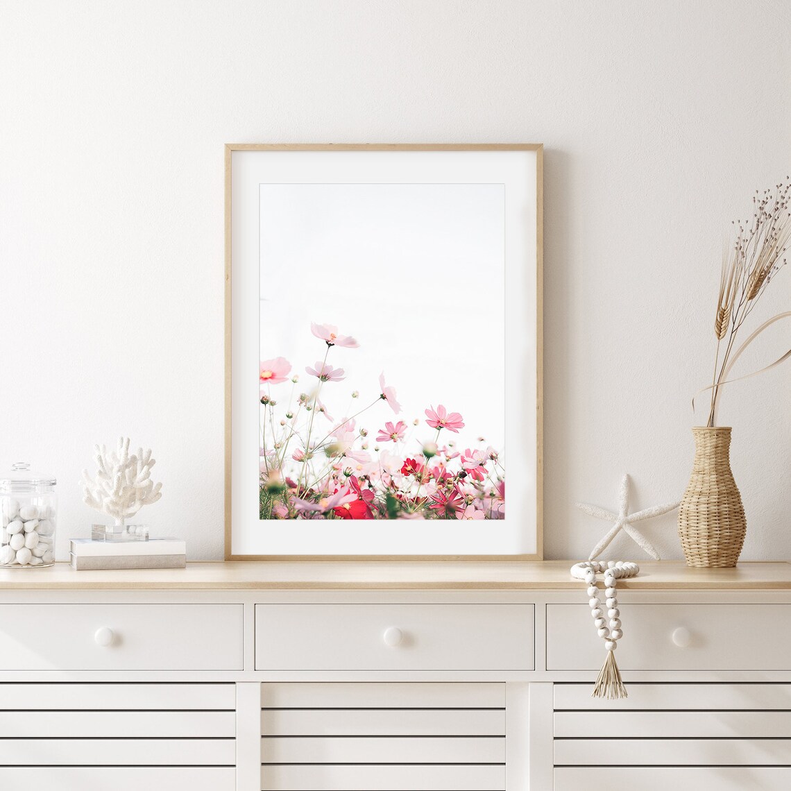 Pink Cosmos Wildflowers Soft Minimal Floral Meadow Photo Poster - Image 4