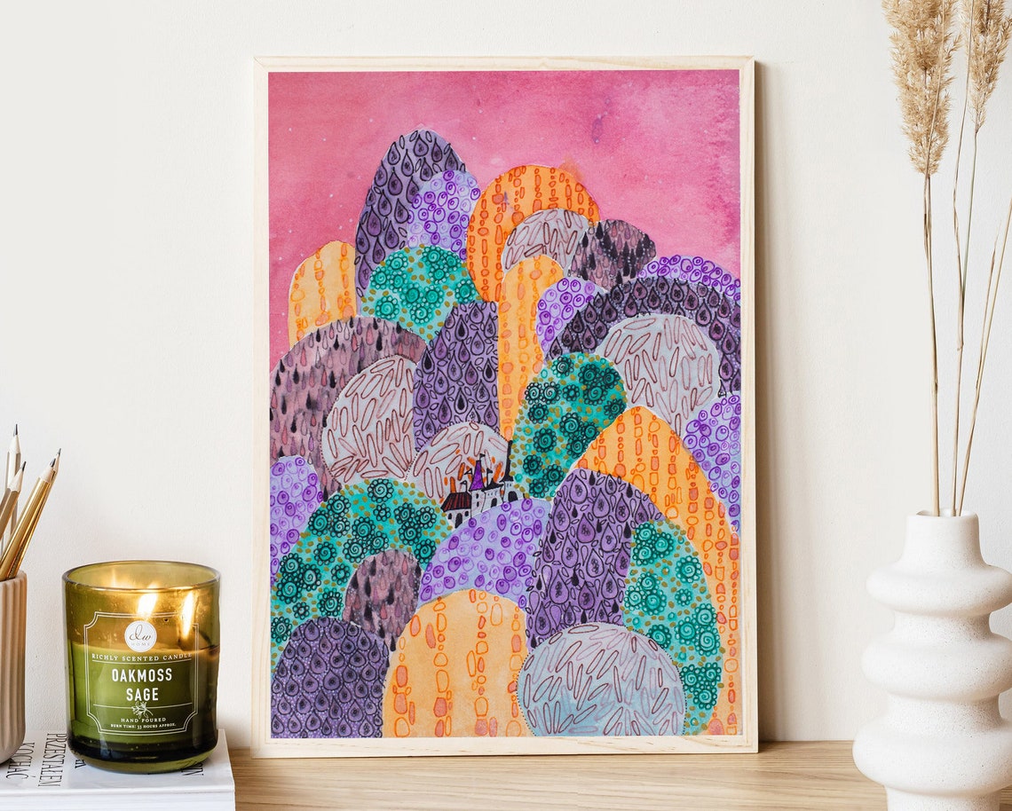 Pink Doodle Hills Whimsical Patterned Landscape Watercolor Poster - Image 3