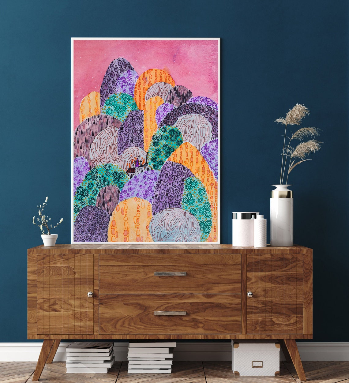 Pink Doodle Hills Whimsical Patterned Landscape Watercolor Poster - Image 2