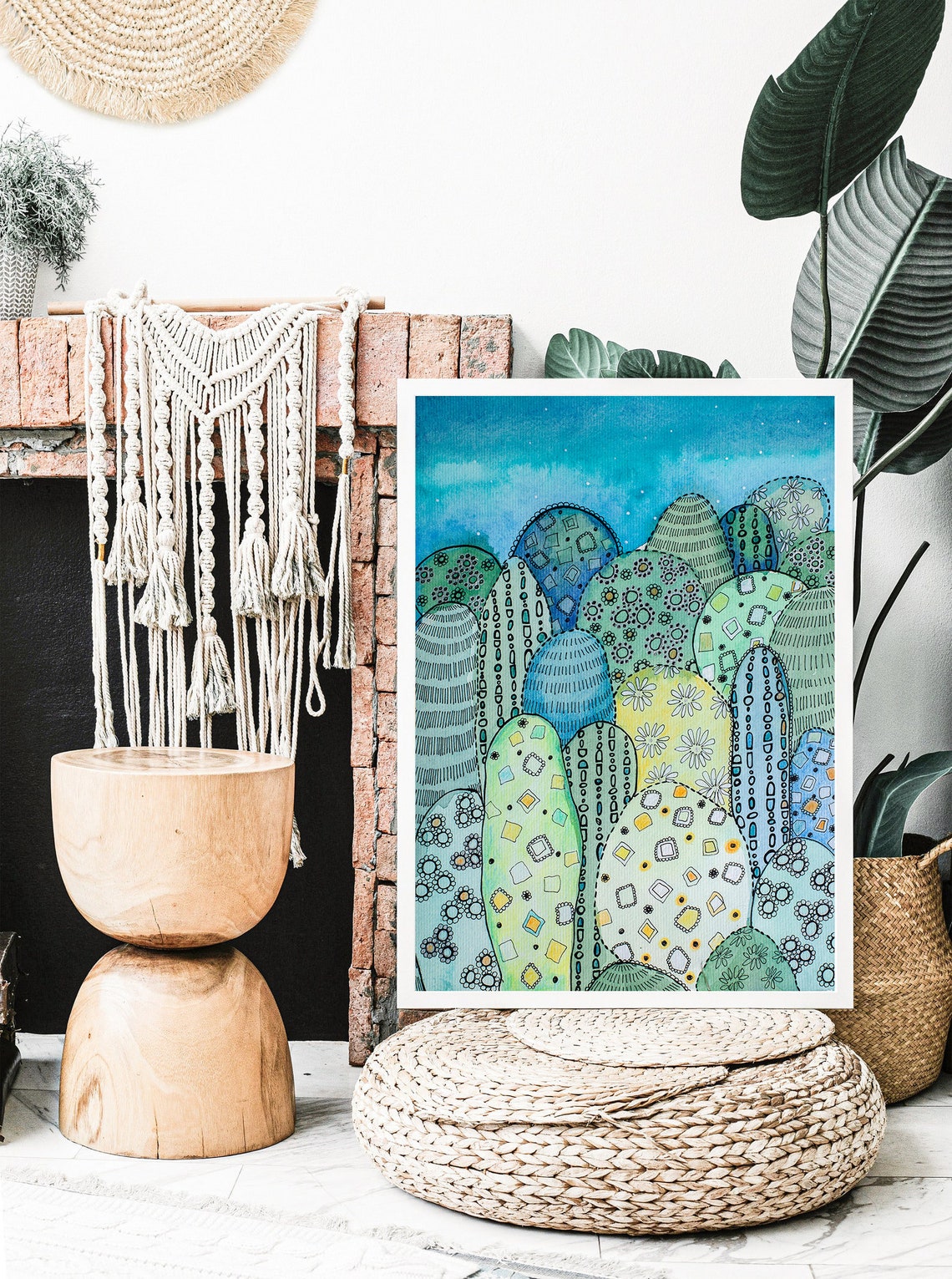 Blue Green Doodle Forest Whimsical Patterned Trees Art Poster - Image 2