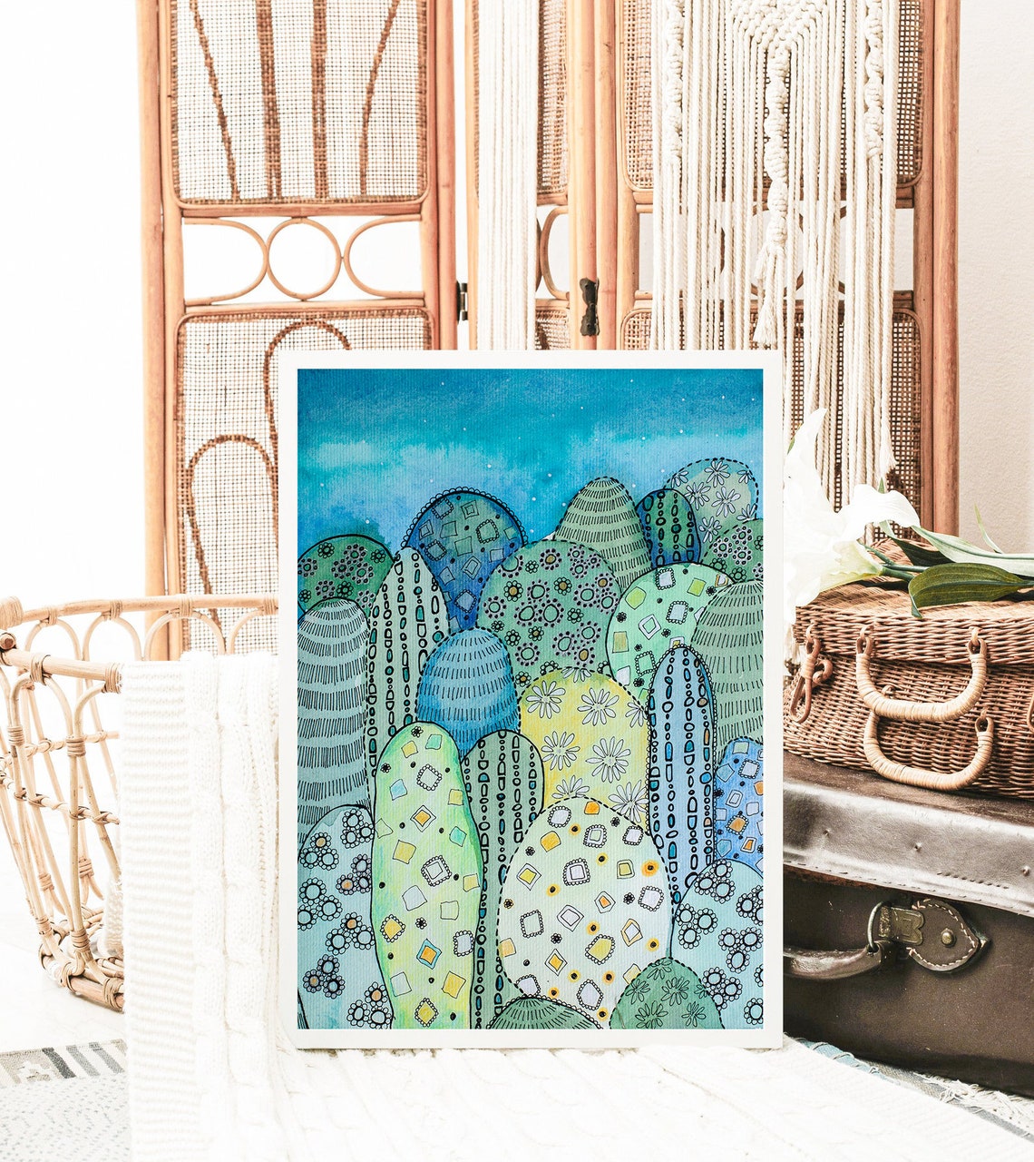 Blue Green Doodle Forest Whimsical Patterned Trees Art Poster - Image 3