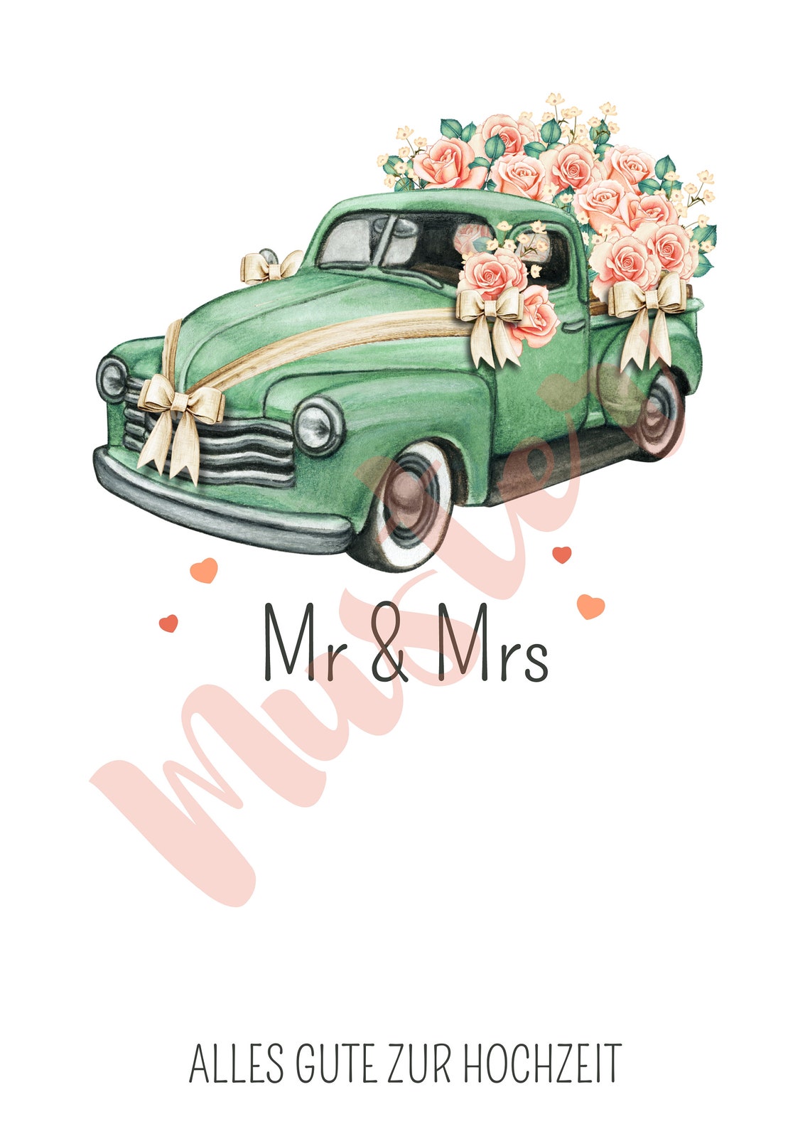 Mr and Mrs Green Vintage Pickup Truck with Pink Roses Wedding Poster - Image 2
