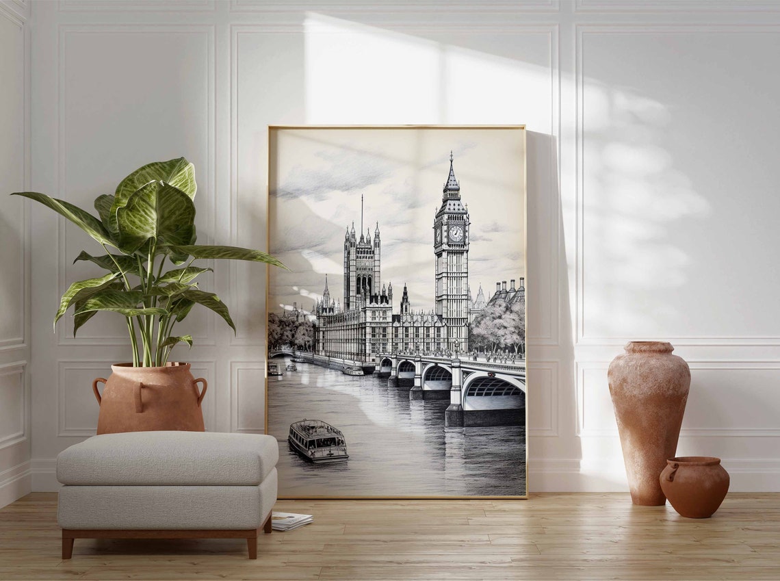 London Big Ben Pencil Sketch Black and White Thames River Wall Art - Image 3