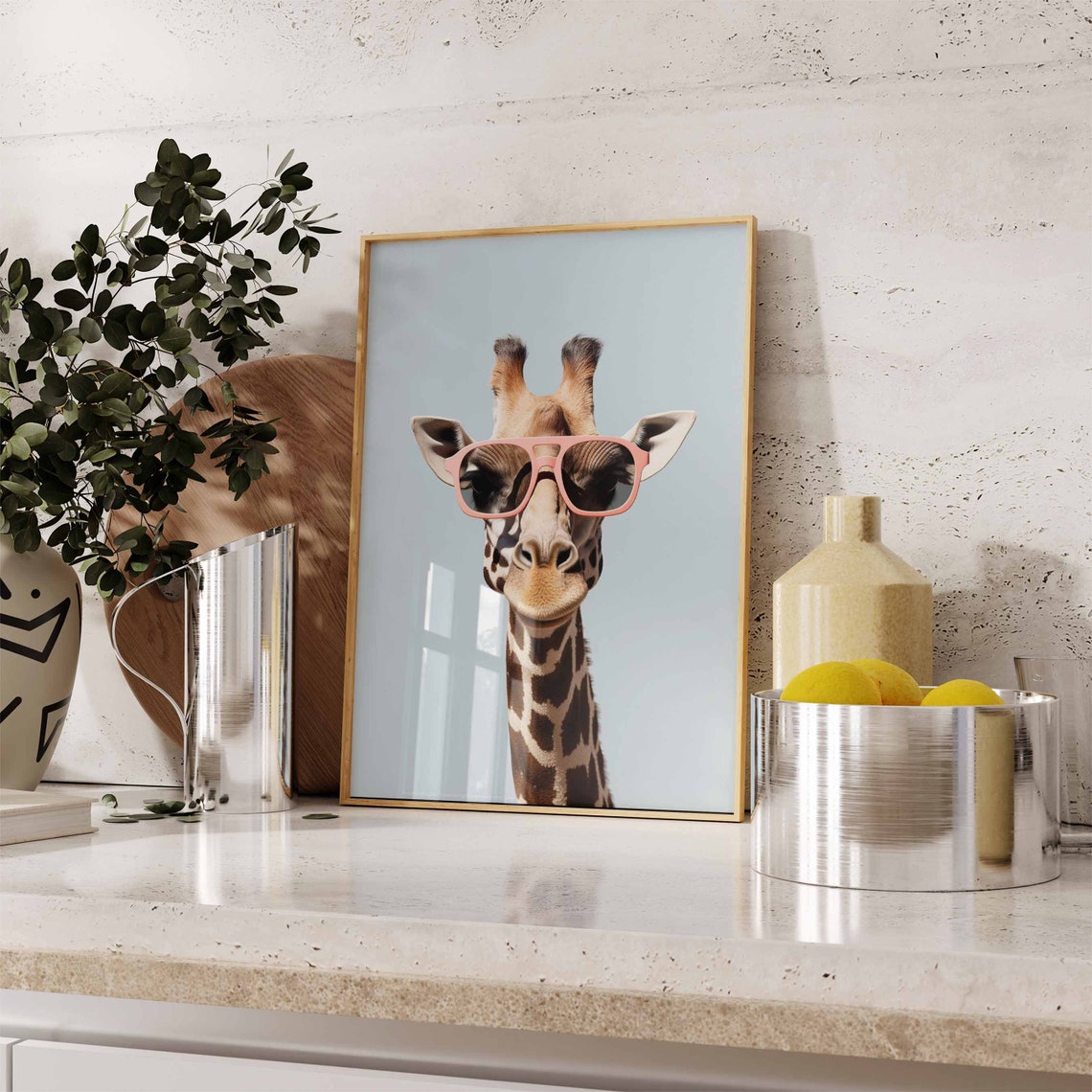 Charming Giraffe in Pink Sunglasses on Light Blue Background Poster - Image 2