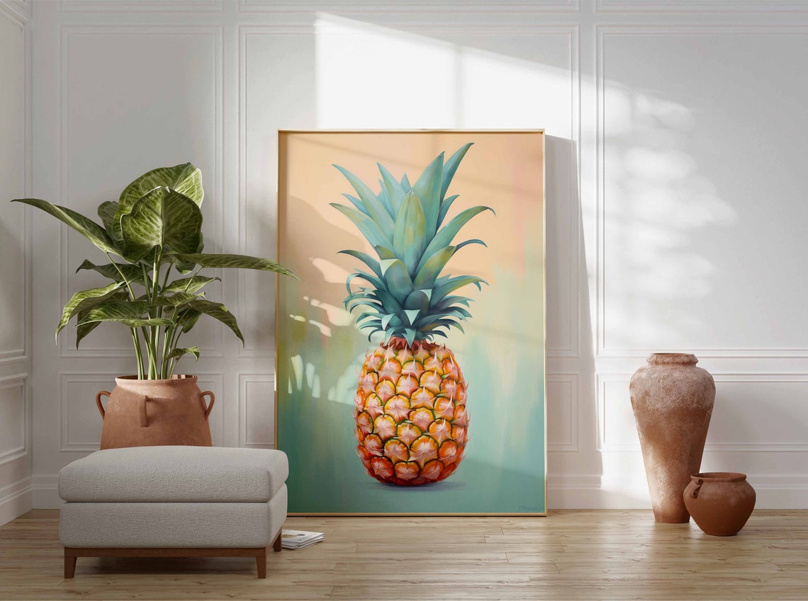 Modern Watercolor Pineapple Peach Teal Gradient Tropical Art Print - Image 3