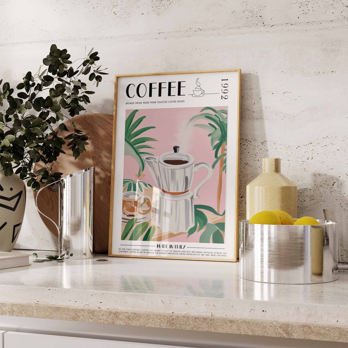 Coffee 1992 Italian Moka Pot Tropical Leaves Botanical Poster - Image 2