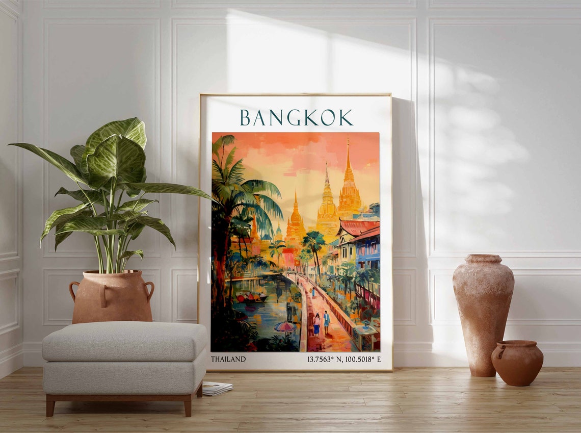 Bangkok Canal with Temple Spires Under a Golden Sunset Poster Art - Image 2