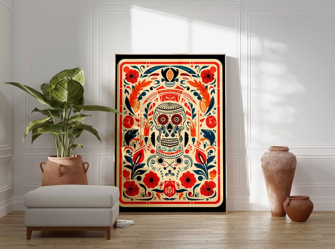 Colorful Sugar Skull Folk Floral Border Mexican Day of Dead Poster - Image 3