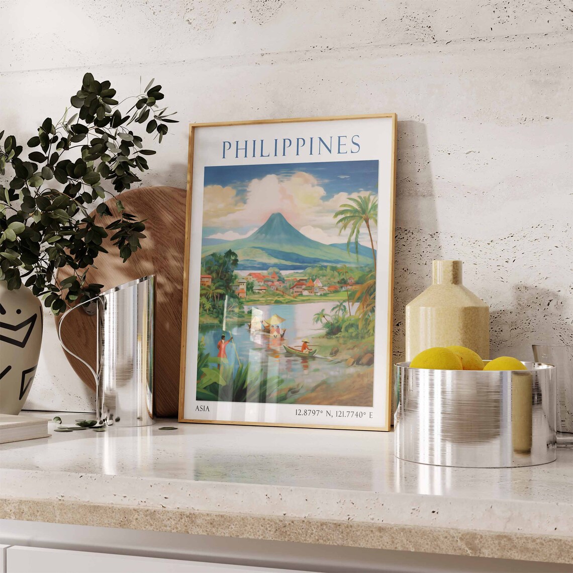 Philippines Volcano Lake with Fishermen Boats Tropical Travel Poster - Image 3