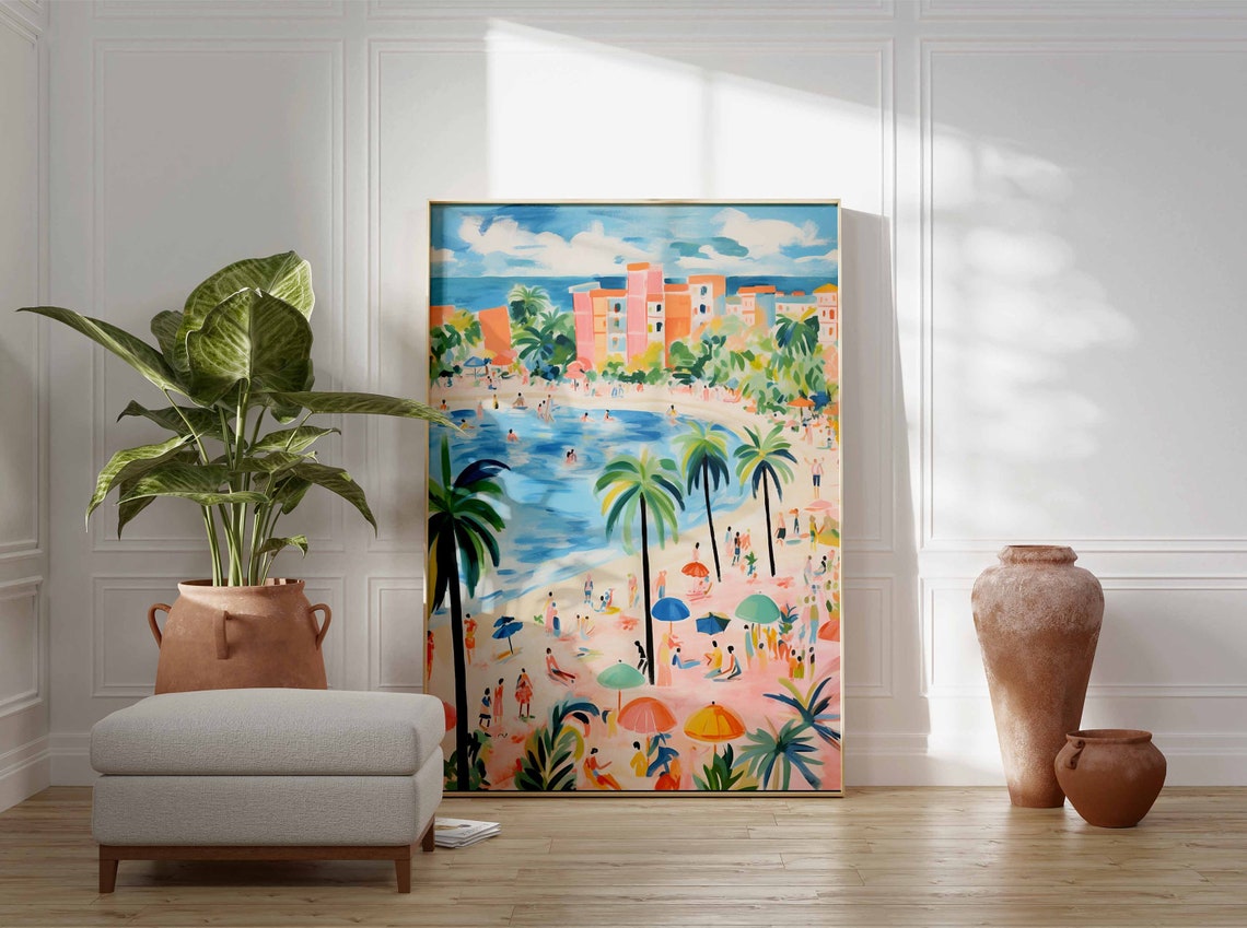 Lively Bay Beach Pastel High Rise Buildings Swimmers Fun Poster - Image 3