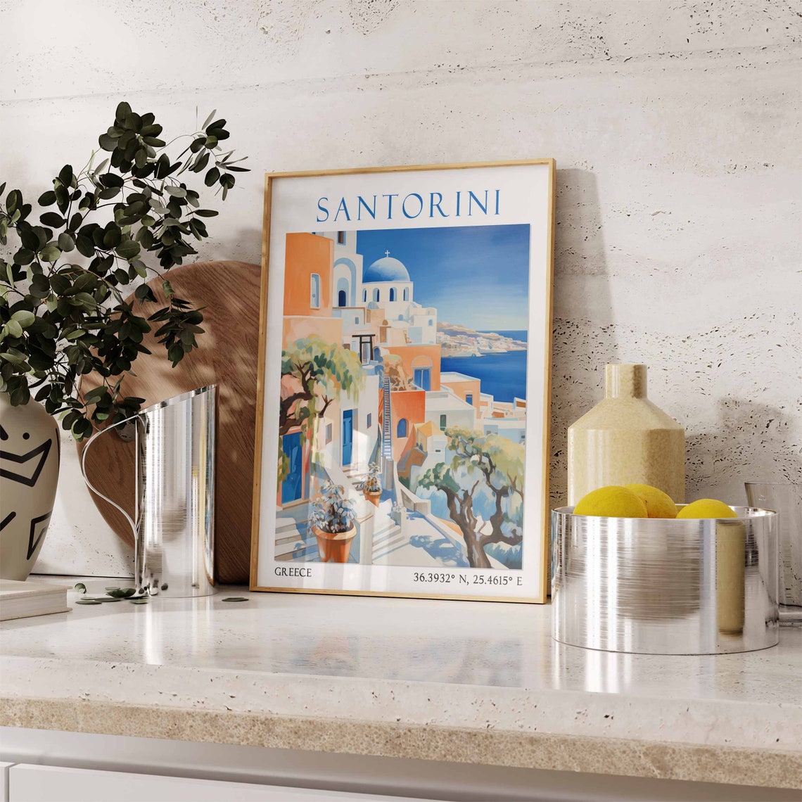 Santorini Blue Dome Church Orange Street Watercolor Travel Poster - Image 3