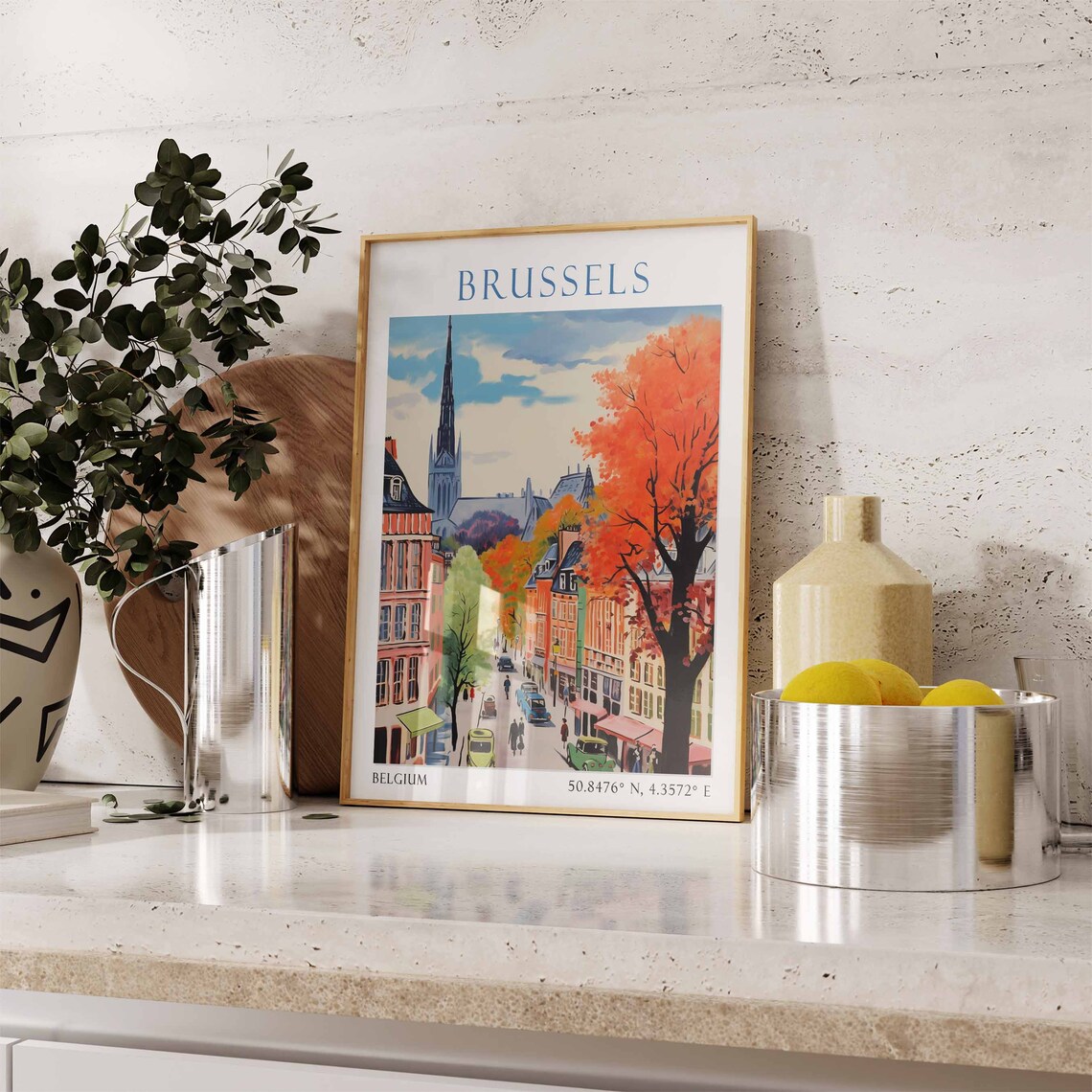 Brussels Belgium Travel Poster Autumn Street Vintage Scene Art - Image 2