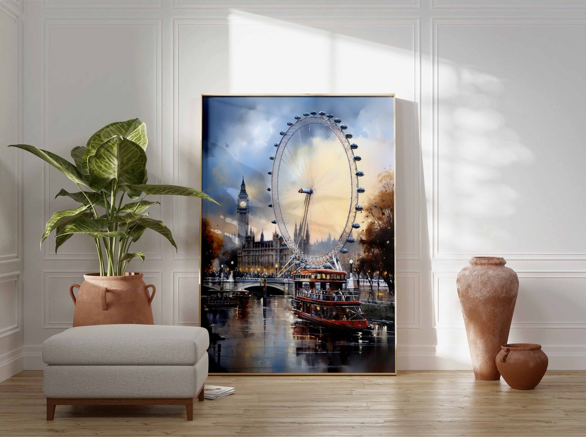 London Eye Watercolor Sunset Poster with Big Ben and Riverboats - Image 3