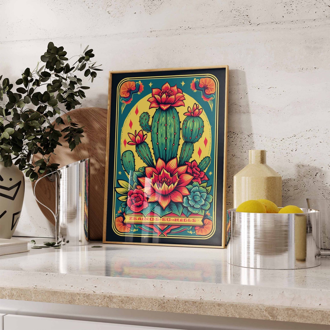 Vibrant Blooming Cactus Teal Border Yellow Sun Mexican Wall Art - Image 2