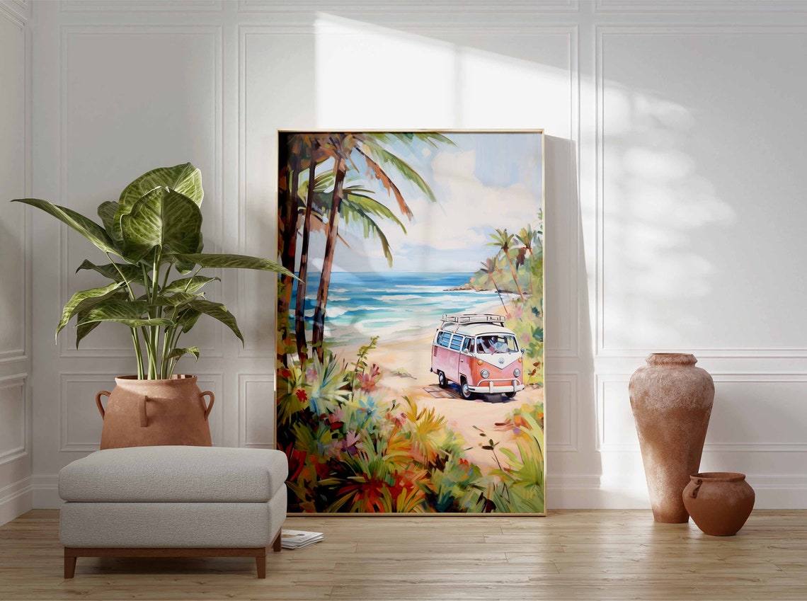 Pink Camper Van Parked on a Palm Lined Tropical Beach Poster - Image 3