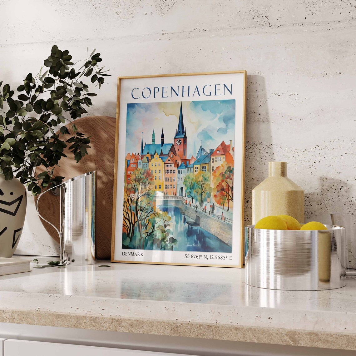 Copenhagen Canal and Church Spires in Watercolor Travel Poster - Image 3