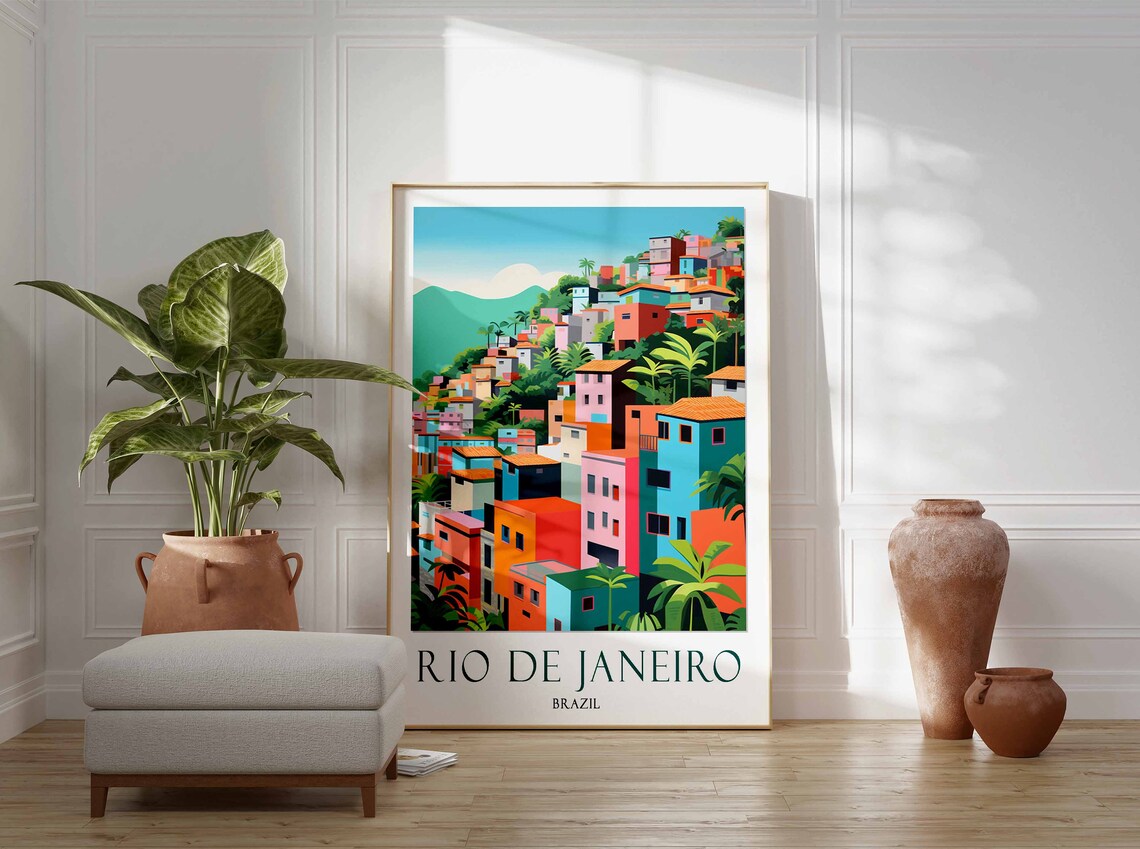 Rio de Janeiro Brazil Colorful Hill Houses Palms Daytime Poster - Image 2