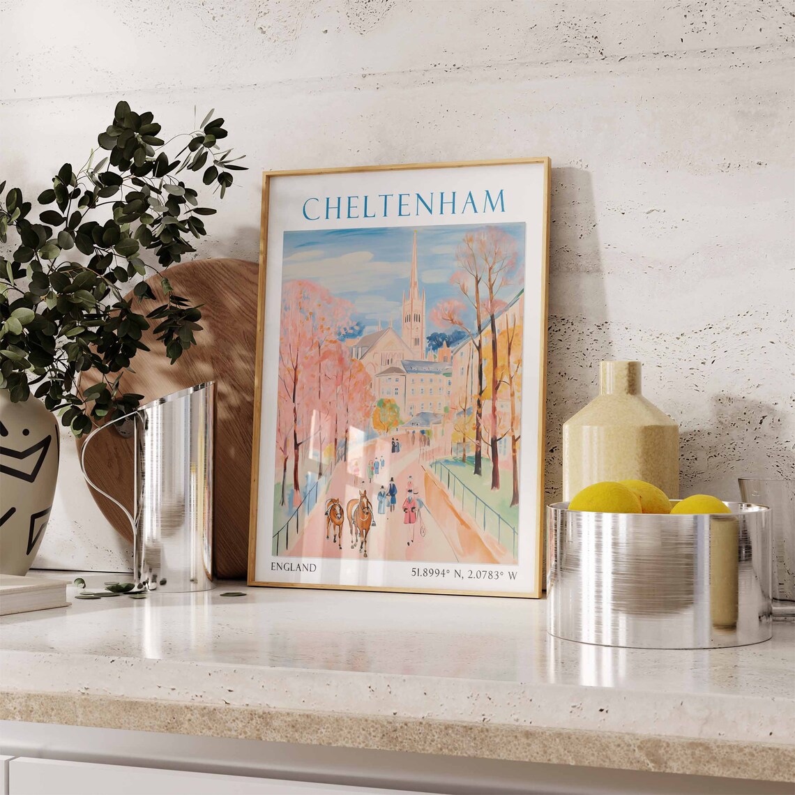 Cheltenham England Travel Poster Race Day Pink Blossom Scene - Image 3