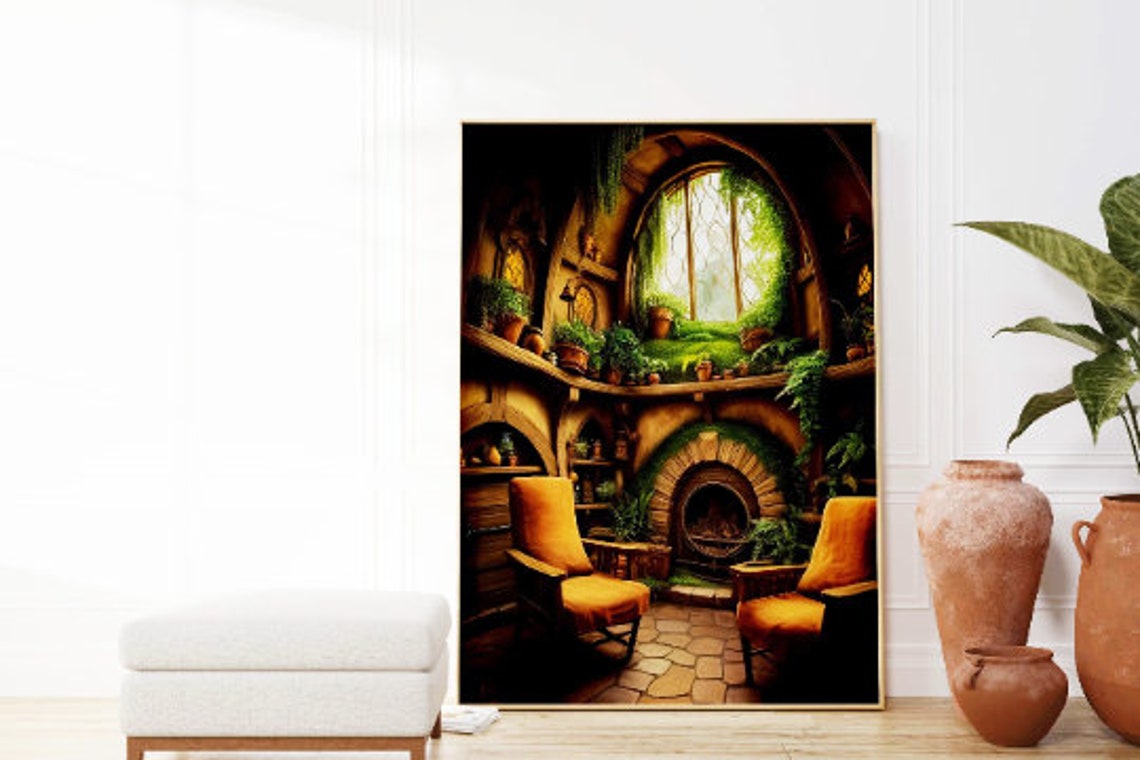 Cozy Hobbit Hole Interior Art Poster With Round Window View Art - Image 2
