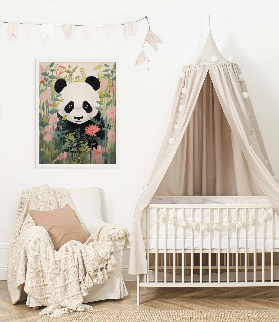 Cute Panda Peeking Through Flowers Watercolor Nursery Poster - Image 2