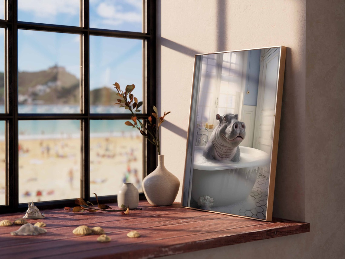 Smiling Hippo Enjoying A Foamy Bubble Bath On Hex Tile Poster - Image 2